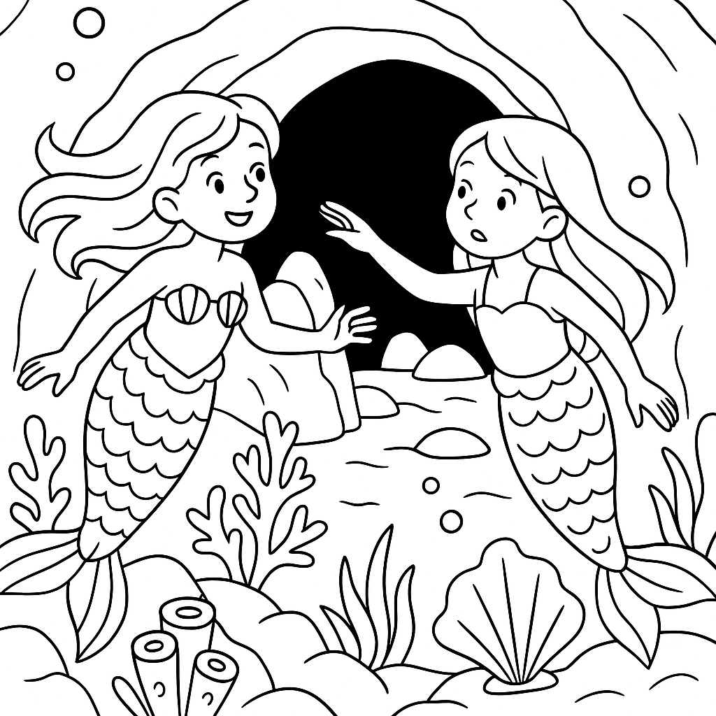 Mermaids discovering a sea cave - Free Coloring Page