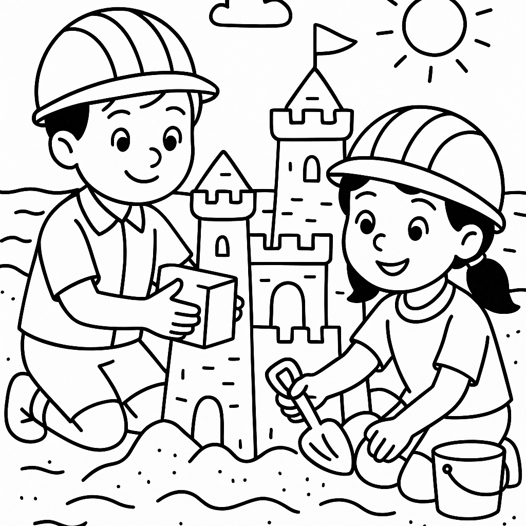 Young architects building sandcastles by the shore - Free Coloring Page