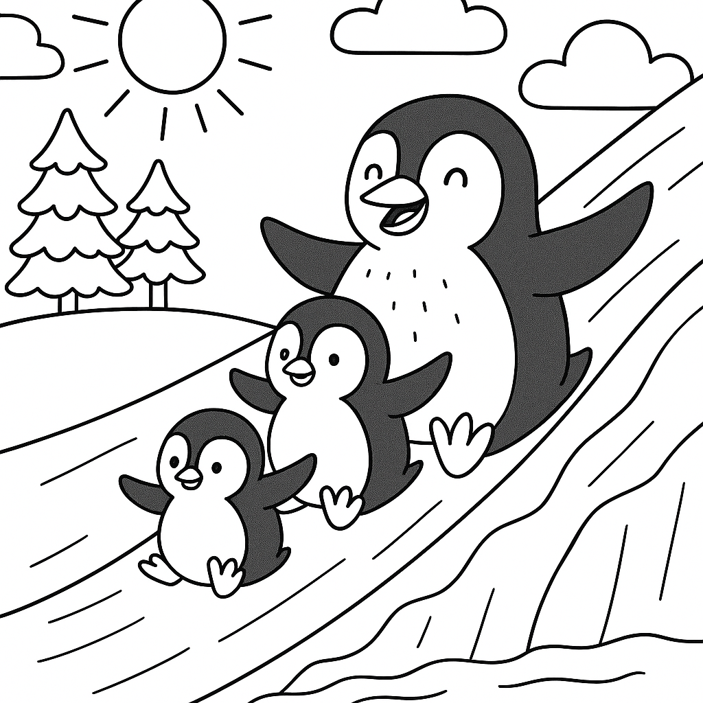 Penguin family sliding down an icy hill - Free Coloring Page