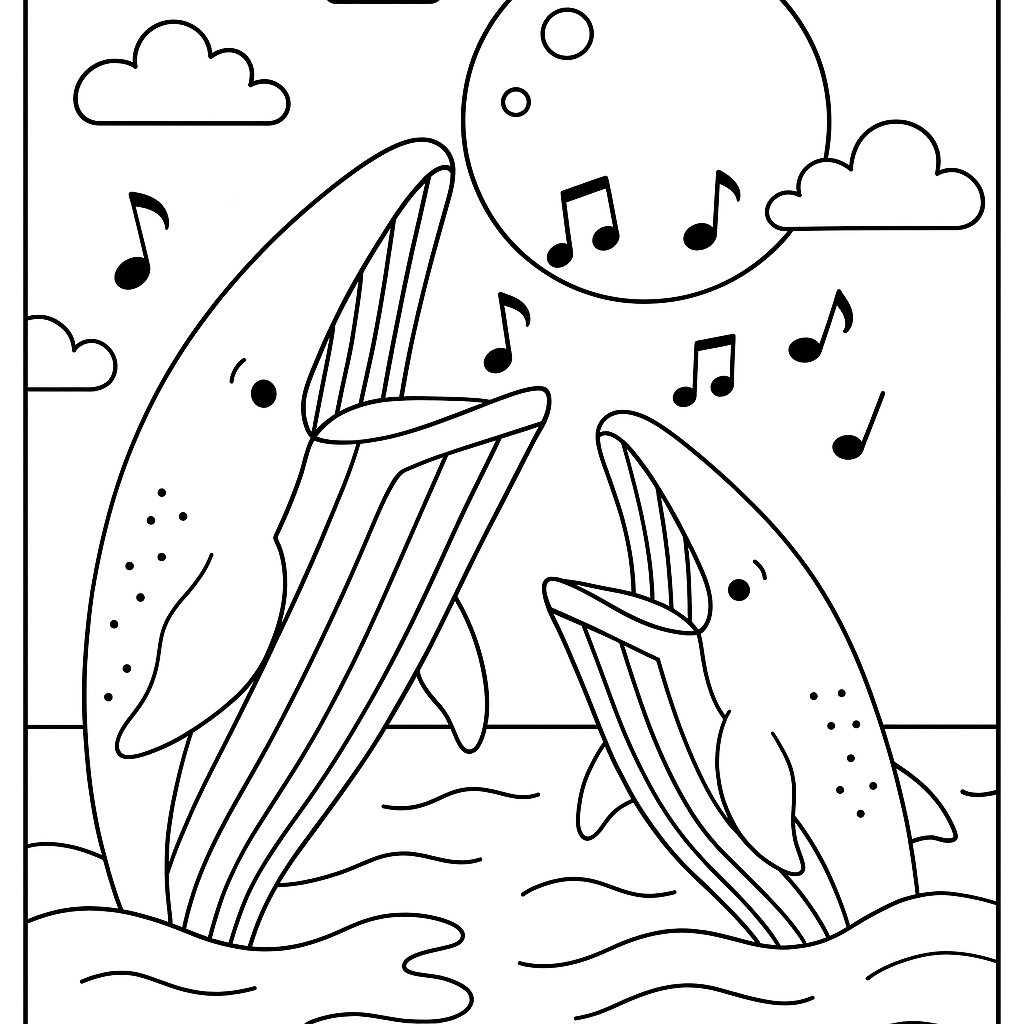 Whales singing under a full moon - Free Coloring Page