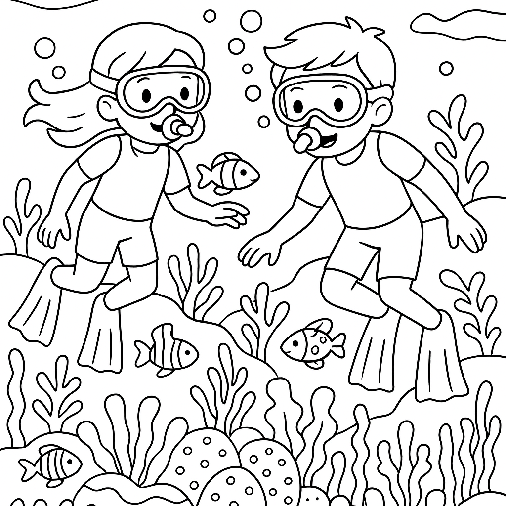 Children exploring a vibrant coral reef - Free Coloring Page
