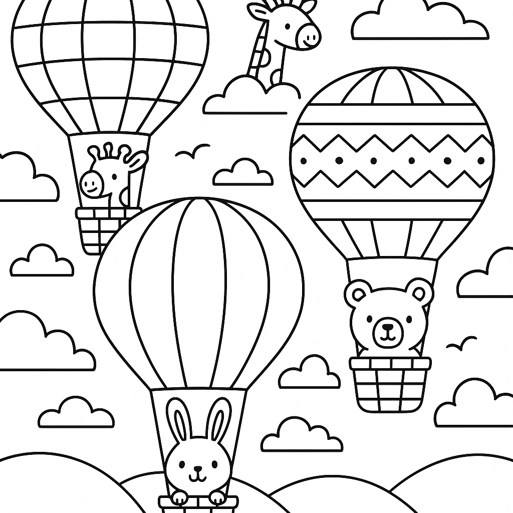 Hot air balloons carrying animal passengers - Free Coloring Page