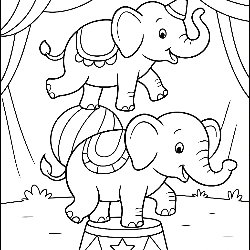 Circus elephants performing balancing acts - Free Coloring Page