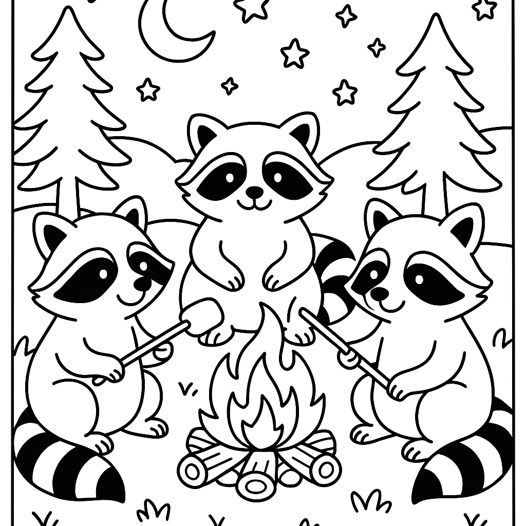 Raccoons hosting a nighttime campfire - Free Coloring Page