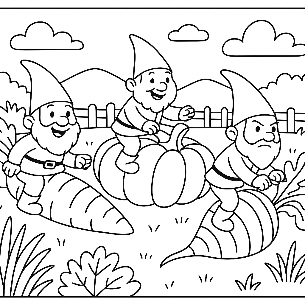 Garden gnomes having a vegetable race - Free Coloring Page