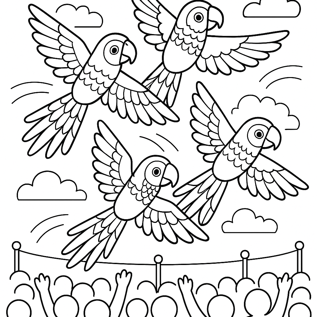 Parrots performing a synchronized flight show - Free Coloring Page