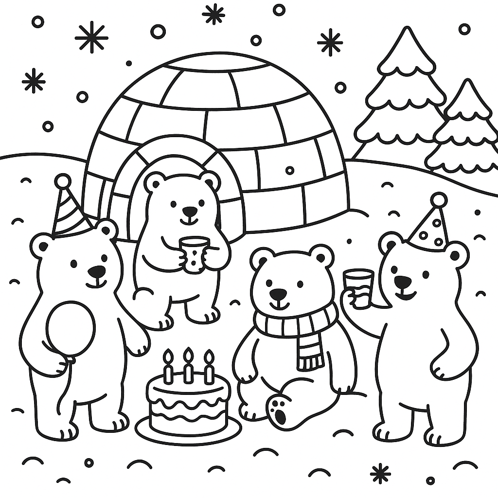 Polar bears enjoying a snowy igloo party - Free Coloring Page