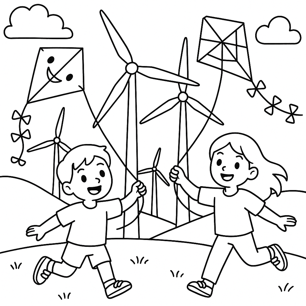 Windmill farm with children flying kites - Free Coloring Page