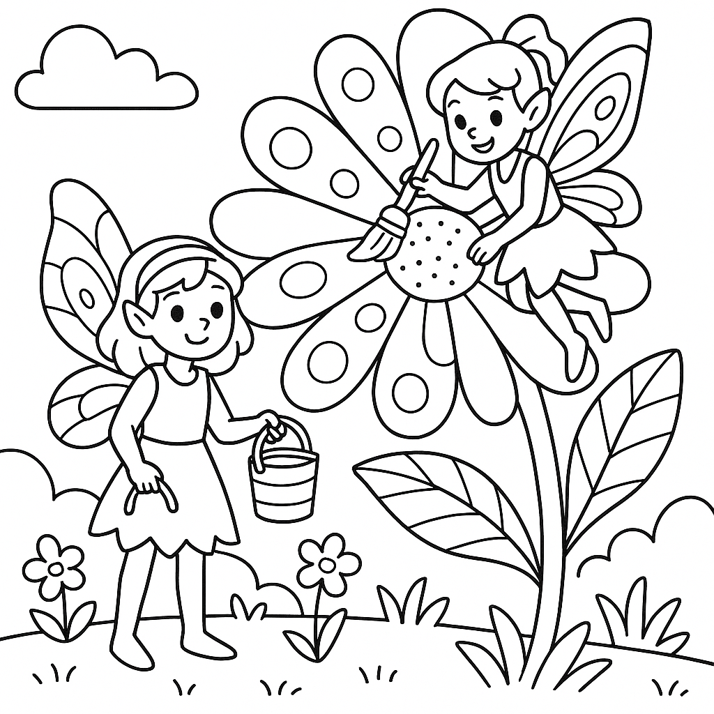Garden fairies painting flower petals - Free Coloring Page