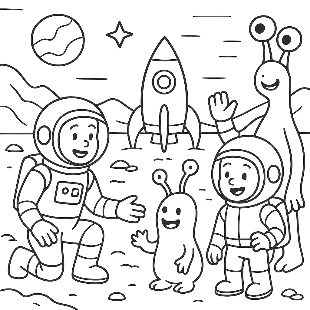 Space explorers meeting alien friends on Mars - Free Coloring Page