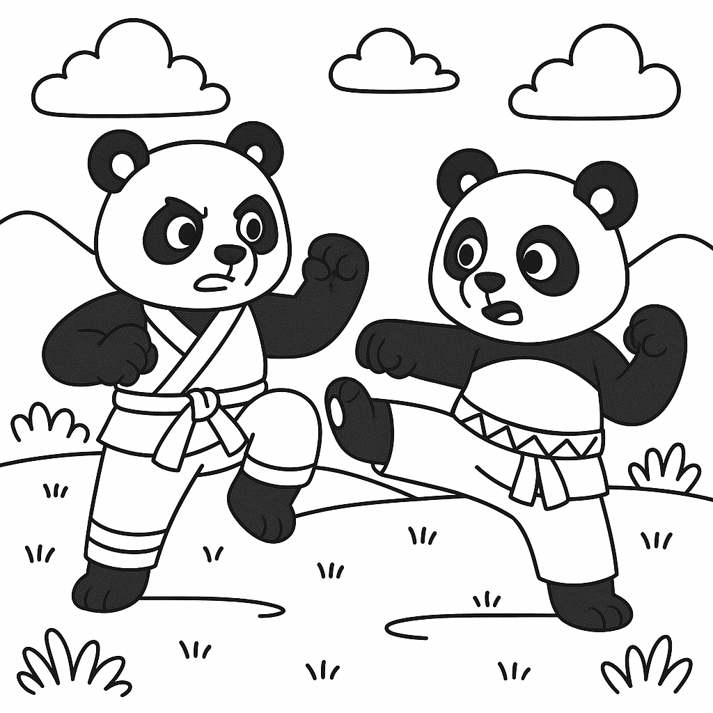 Panda bears practicing martial arts moves - Free Coloring Page