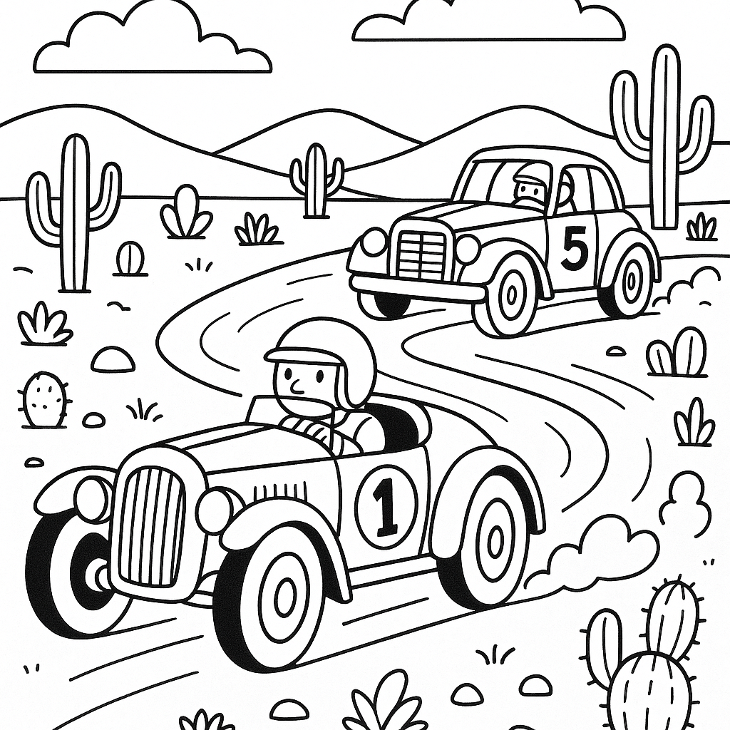 Vintage cars racing through a desert track - Free Coloring Page
