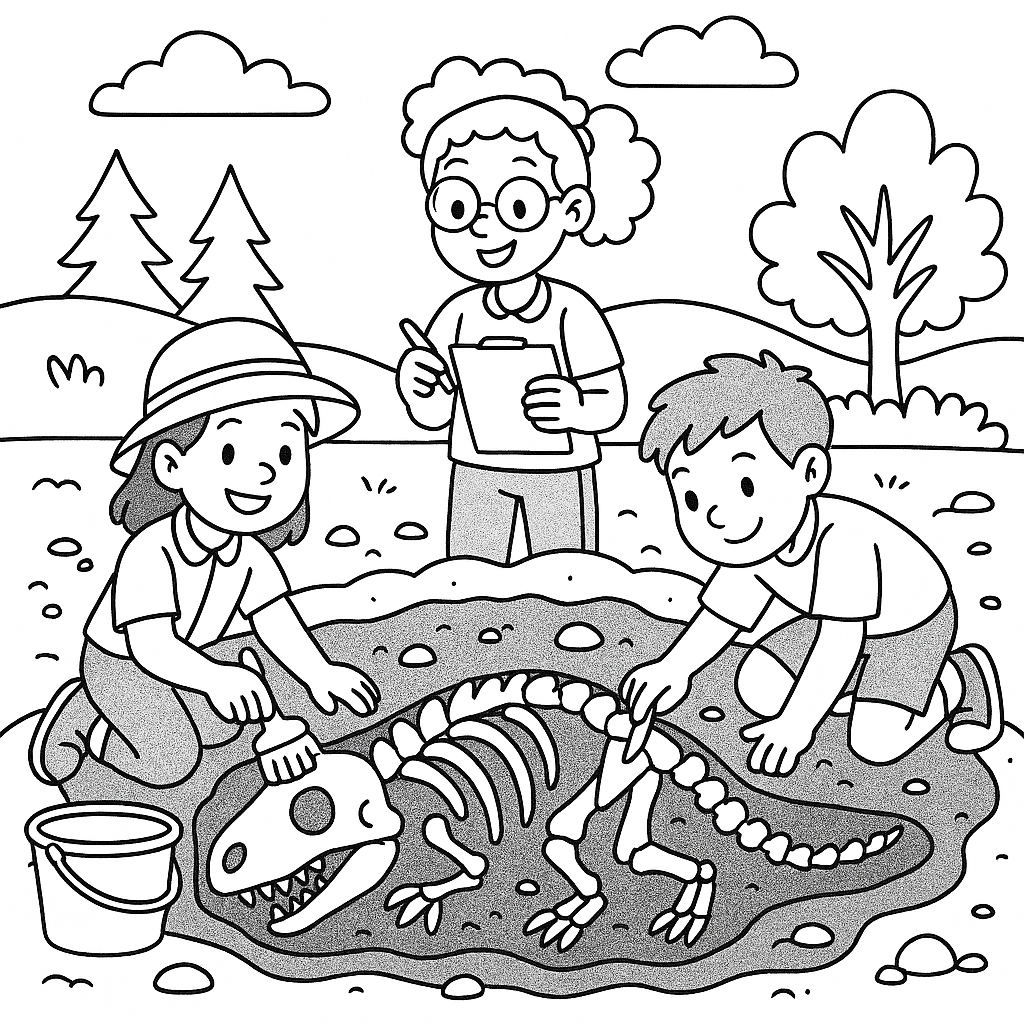 Children discovering dinosaur fossils in a dig site - Free Coloring Page
