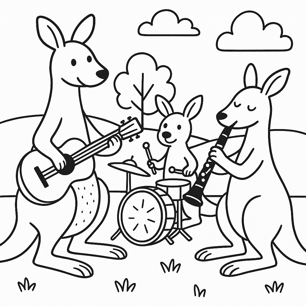 Kangaroos playing instruments in a band - Free Coloring Page