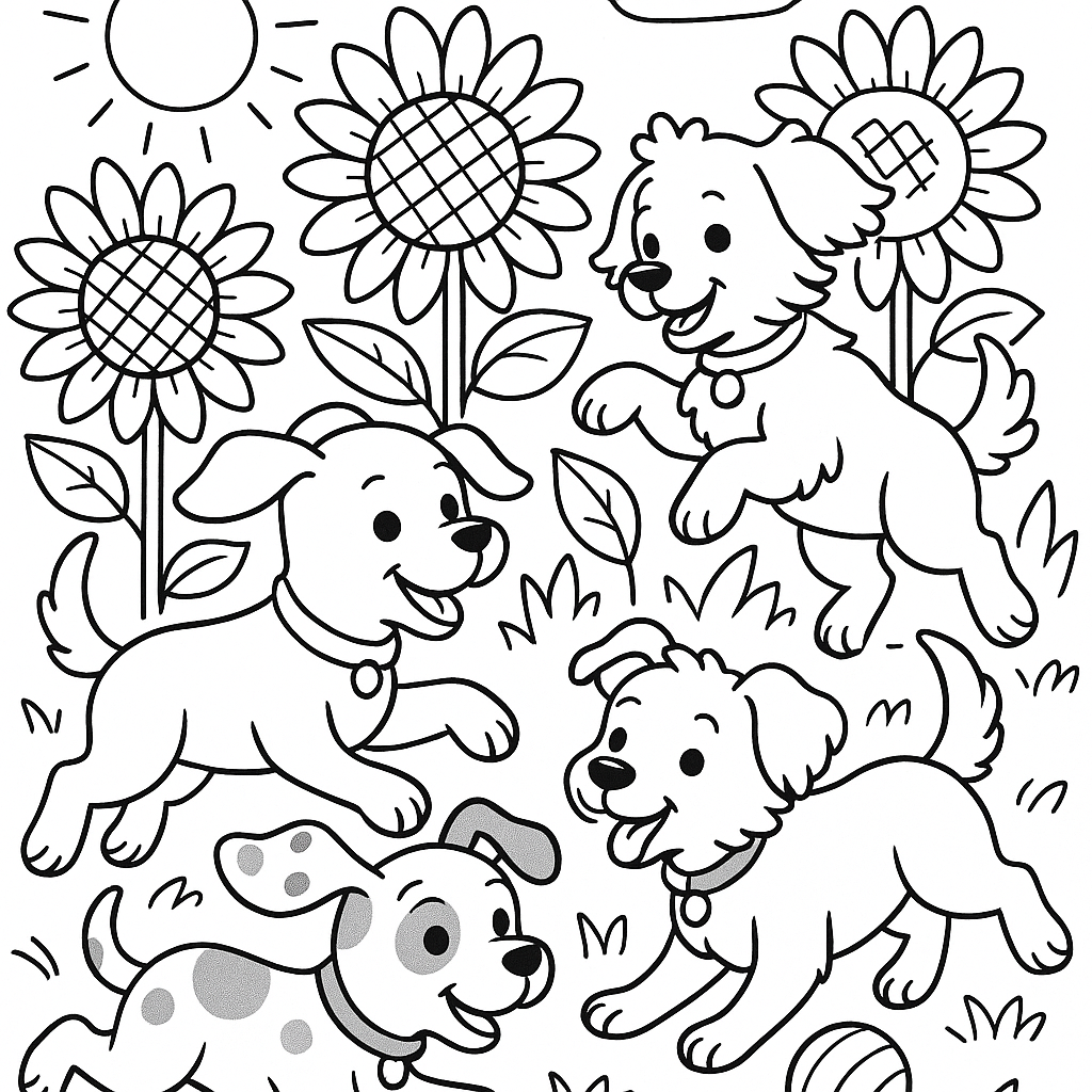Energetic puppies playing in a sunflower field - Free Coloring Page