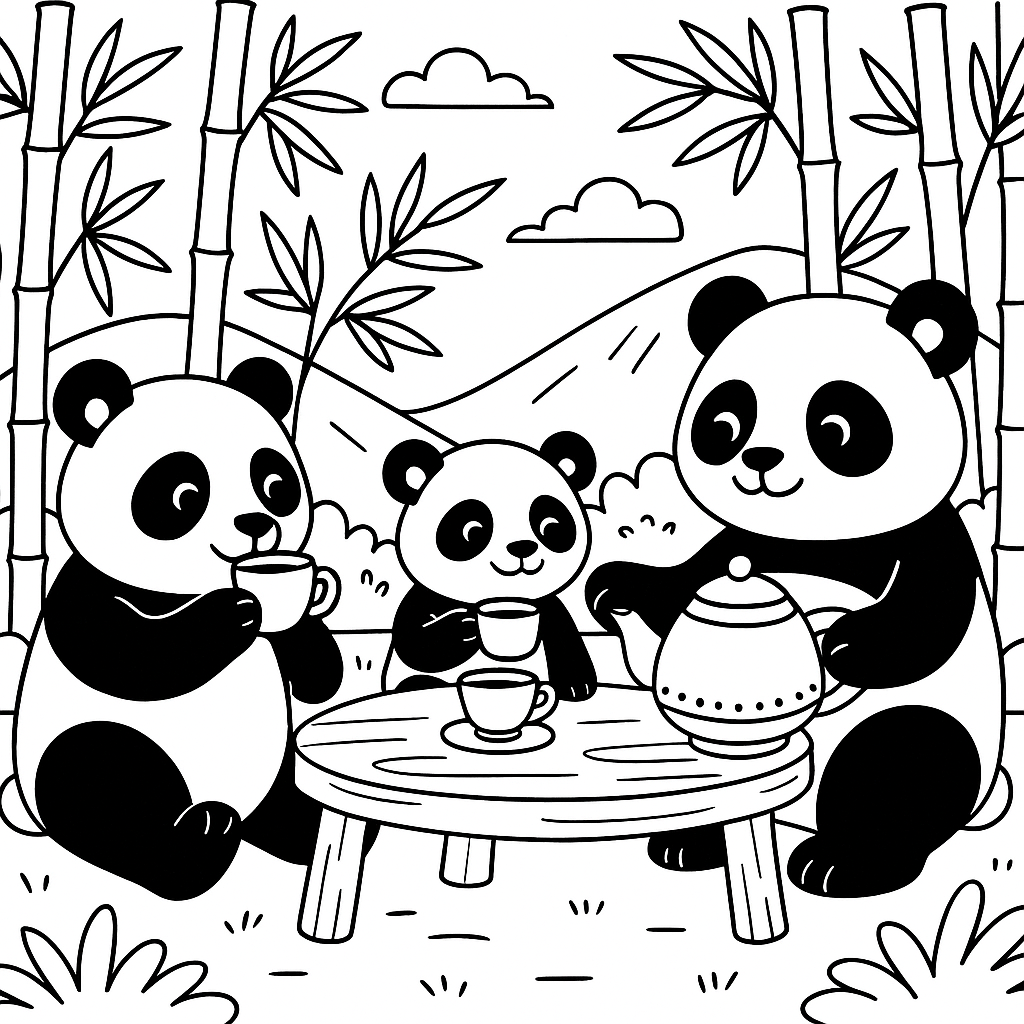 Pandas having a tea party in the bamboo forest - Free Coloring Page