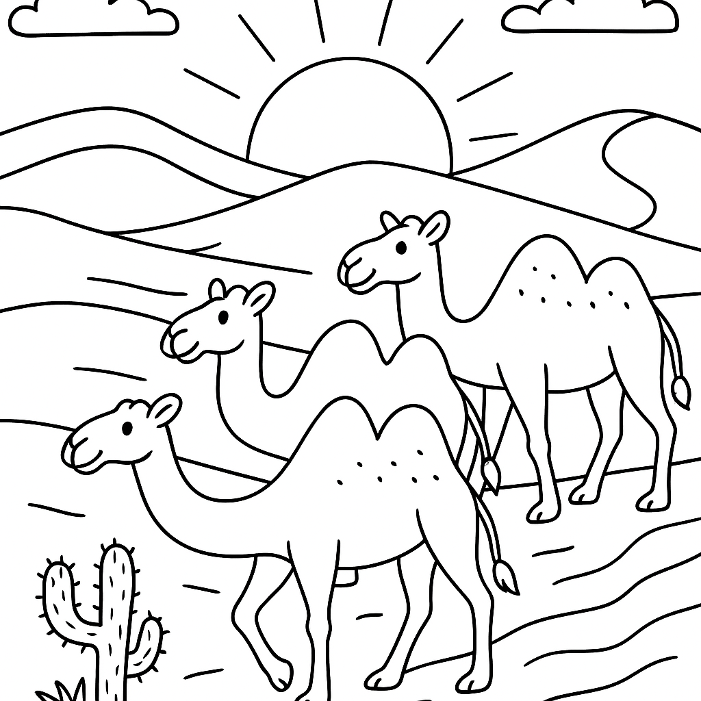 Camels trekking through the desert at sunset - Free Coloring Page