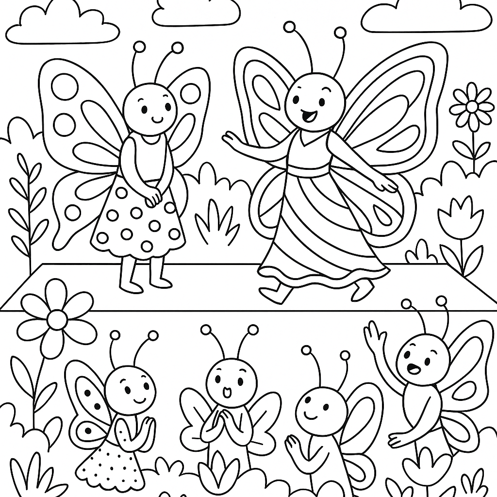Butterflies hosting a garden fashion show - Free Coloring Page