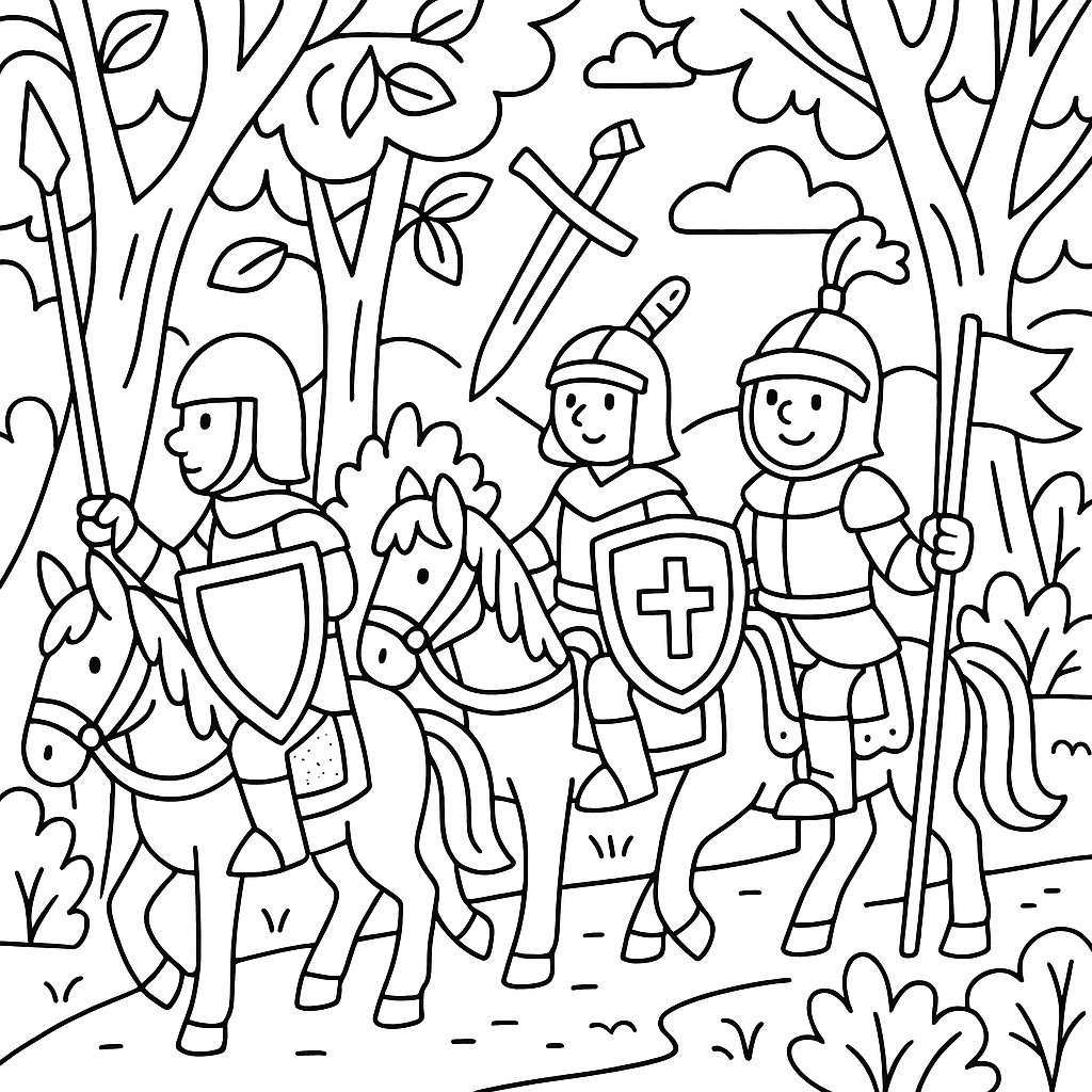 Knights on a quest through a mystical forest - Free Coloring Page