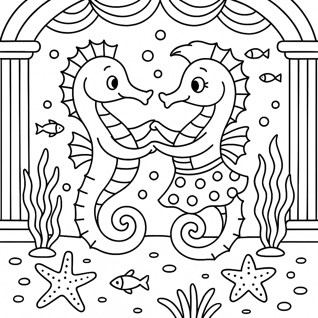 Seahorses dancing in an underwater ballroom - Free Coloring Page