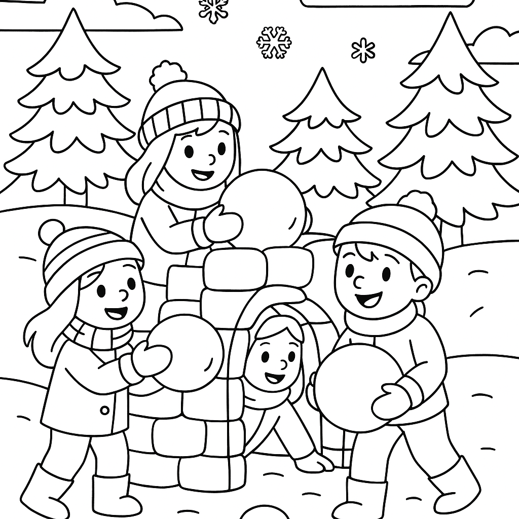 Children building a snow fort in a winter wonderland - Free Coloring Page