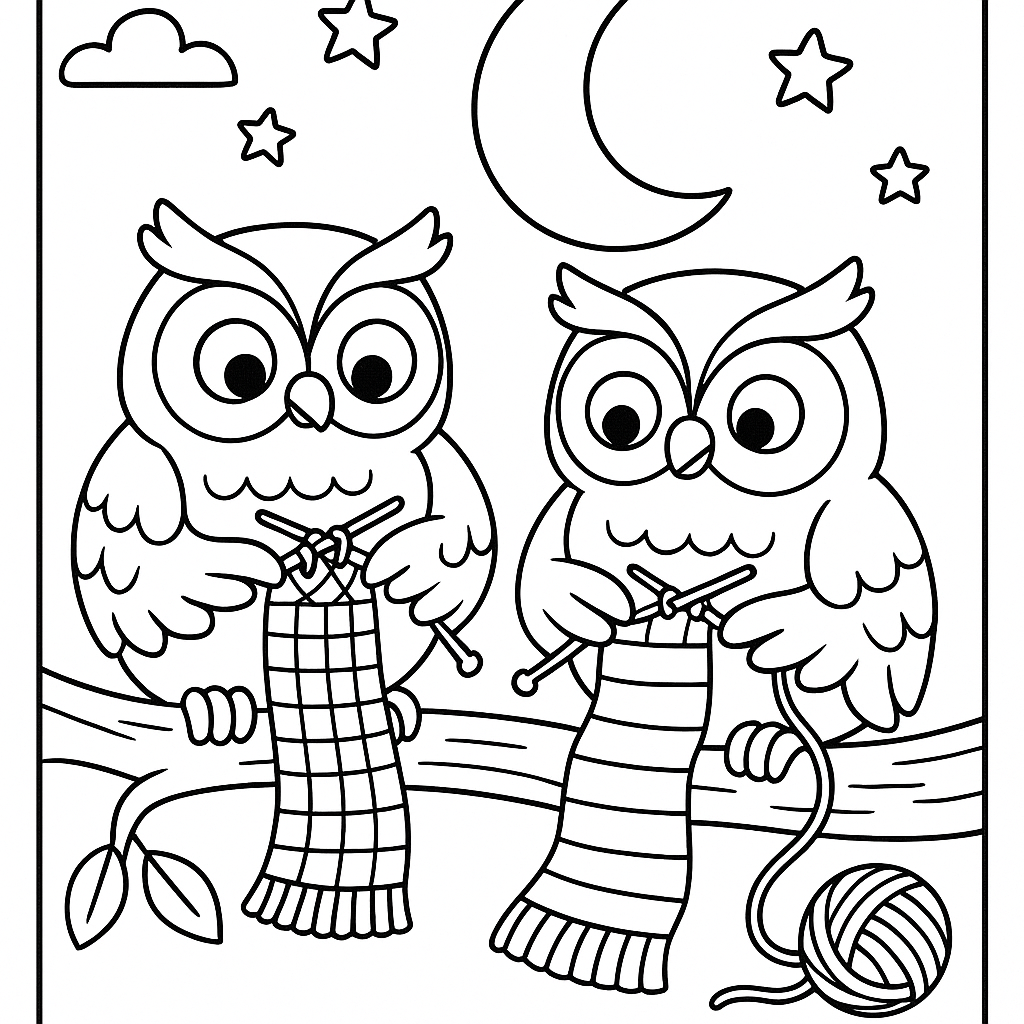 Owls knitting scarves on a moonlit branch - Free Coloring Page