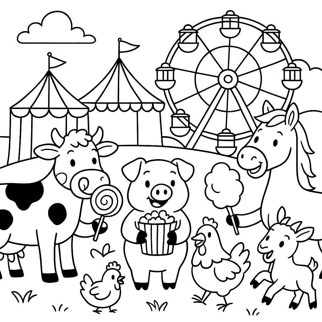 Farm animals enjoying a country fair - Free Coloring Page