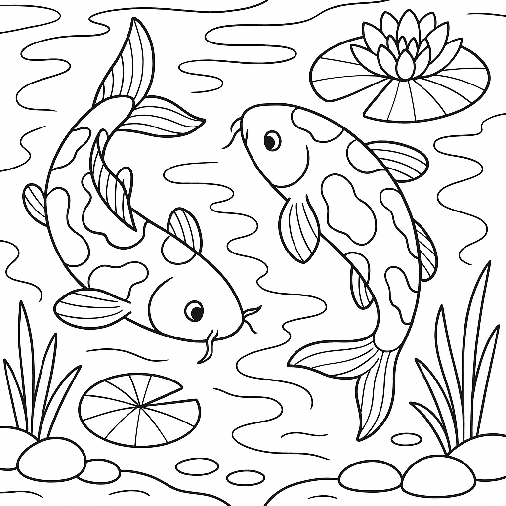 Koi fish swimming in a tranquil pond - Free Coloring Page