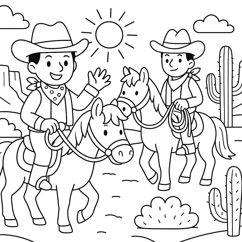 Wild west frontier with cowboys and horses - Free Coloring Page
