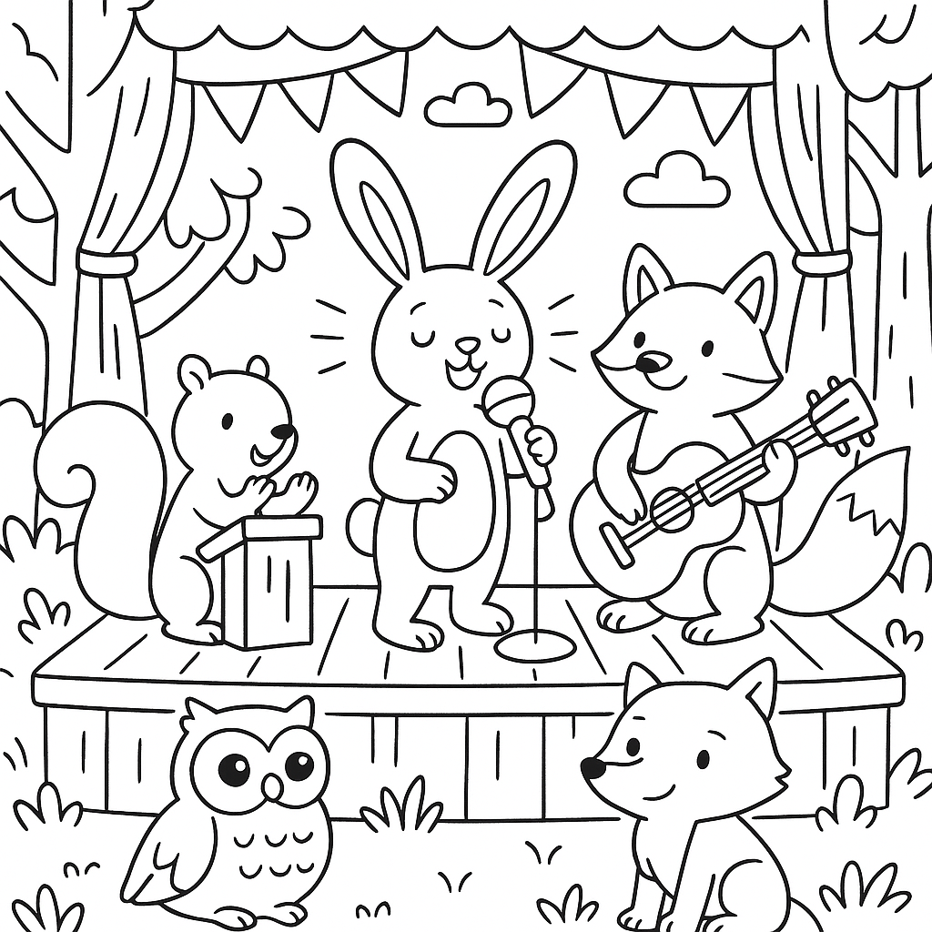 Forest critters hosting a talent show - Free Coloring Page
