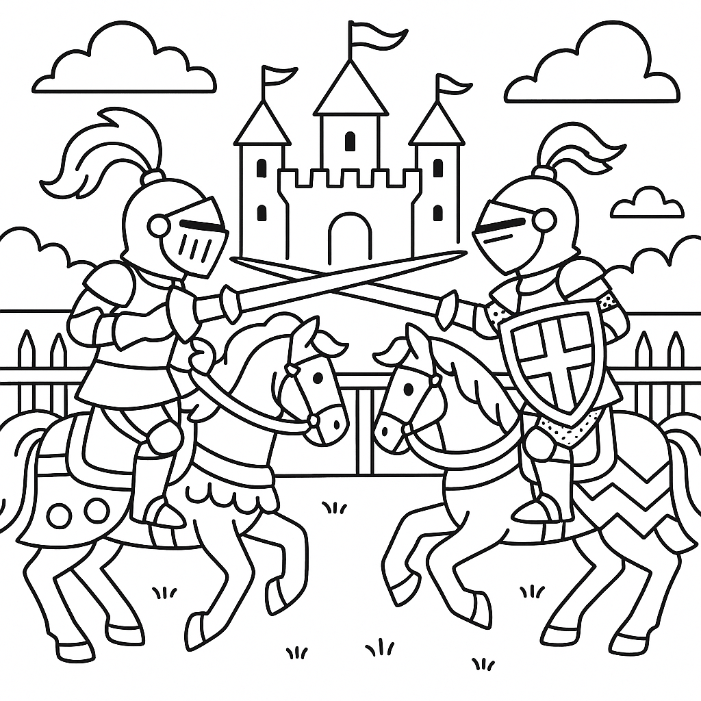 Knights jousting at a royal tournament - Free Coloring Page