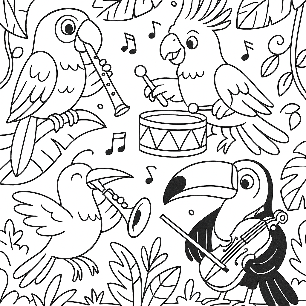 Tropical birds creating a rainforest orchestra - Free Coloring Page