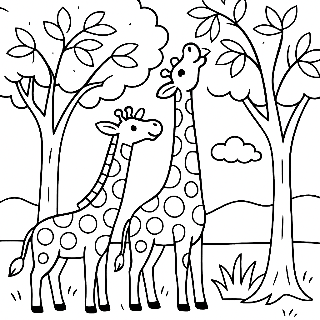 Giraffes stretching to reach leafy treetops - Free Coloring Page