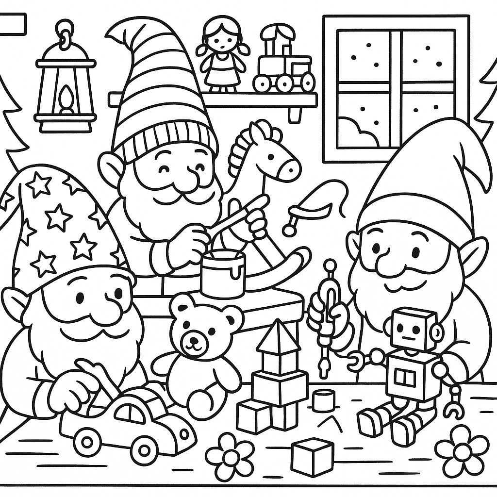 Gnomes crafting toys in a magical workshop - Free Coloring Page