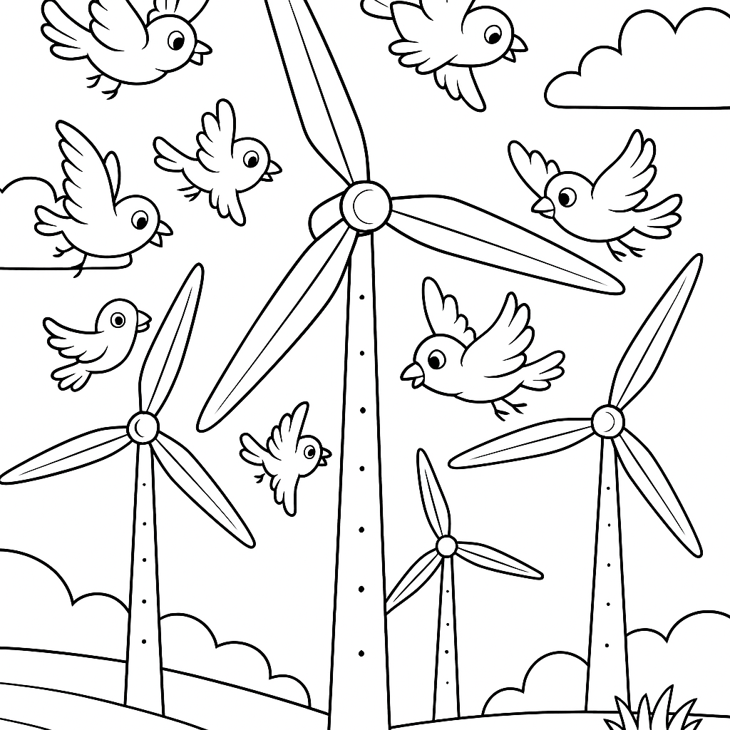 Wind turbines with playful birds flying around - Free Coloring Page