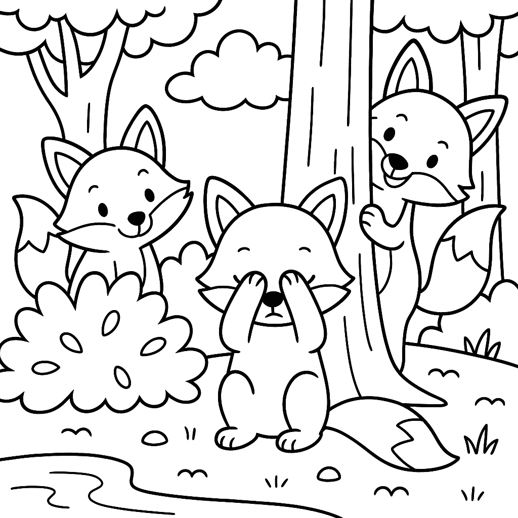 Foxes playing hide and seek in the forest - Free Coloring Page