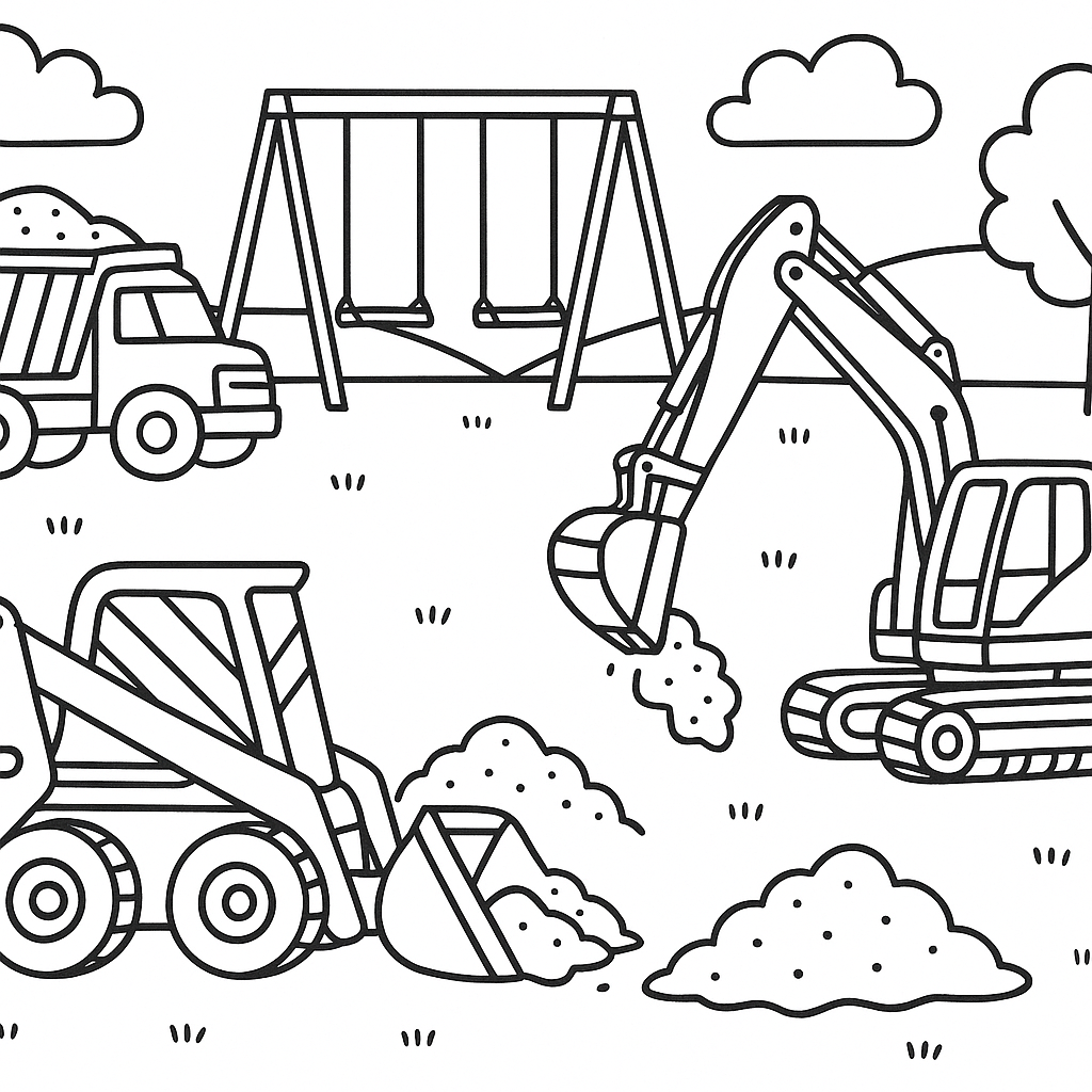 Construction vehicles building a new playground - Free Coloring Page