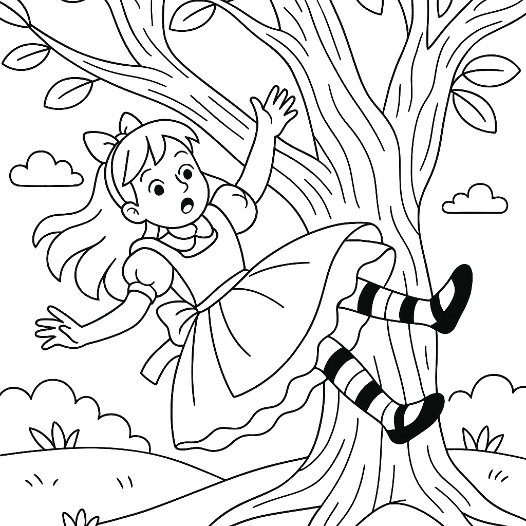 Alice Falling In A Tree - Free Coloring Page