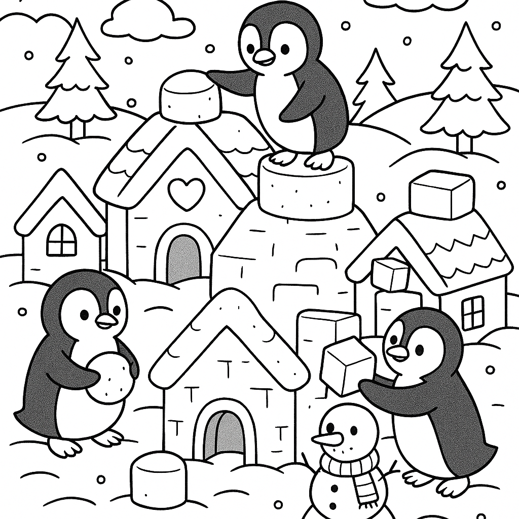 Penguins building a snow sculpture village - Free Coloring Page