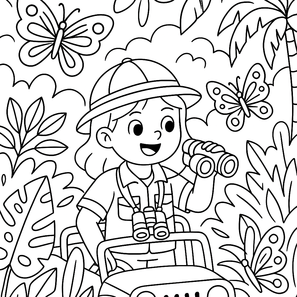 Butterfly safari through a vibrant jungle - Free Coloring Page