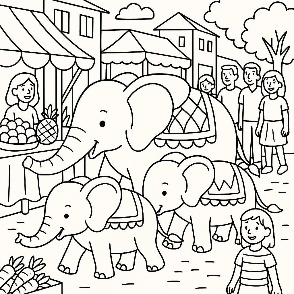Elephant parade through a bustling market - Free Coloring Page