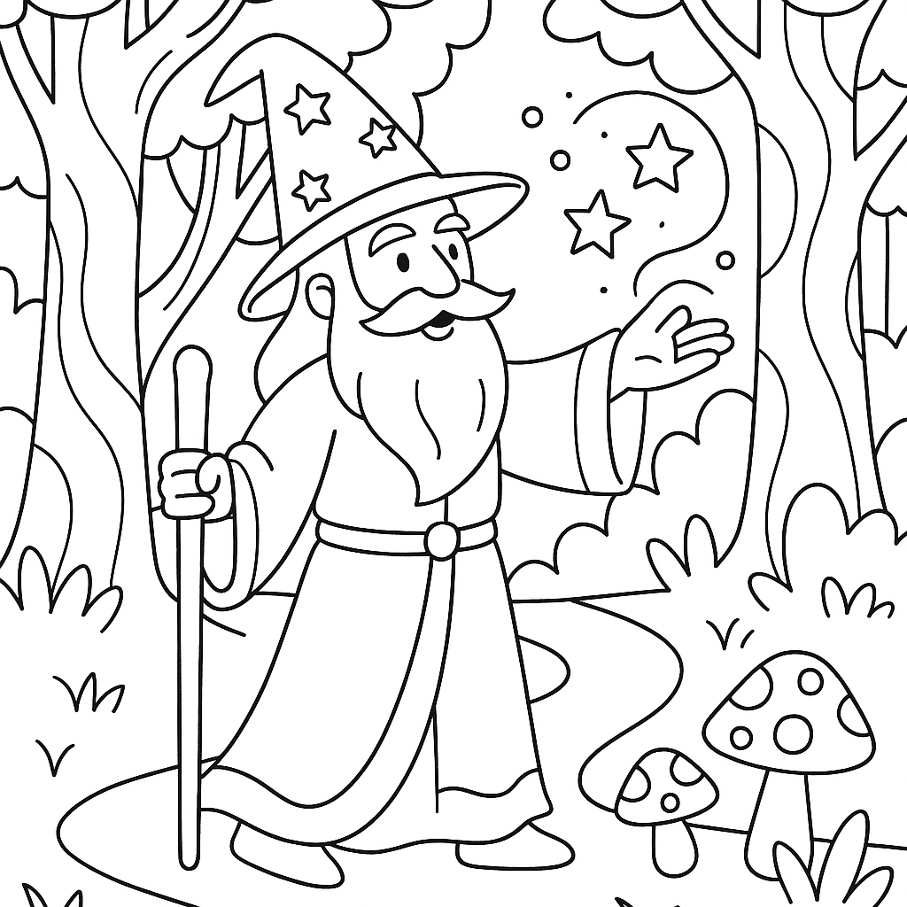 Wizard casting spells in a mystical forest - Free Coloring Page