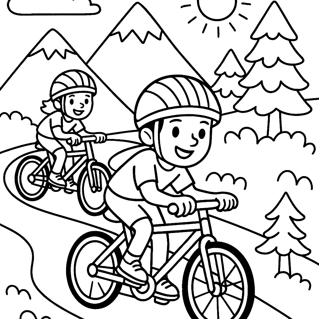 Bicycles racing down a winding mountain path - Free Coloring Page