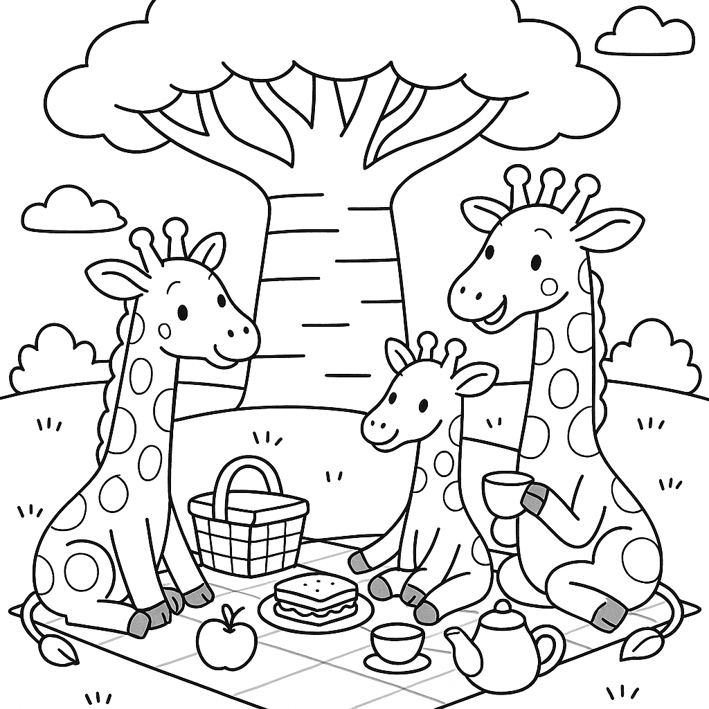 Giraffes having a picnic under a baobab tree - Free Coloring Page
