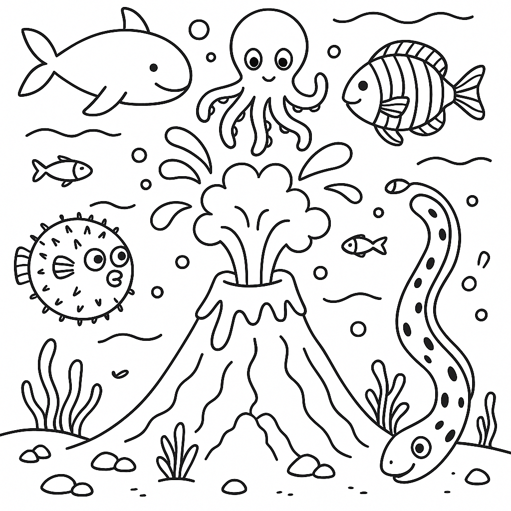 Underwater volcano with curious sea creatures - Free Coloring Page