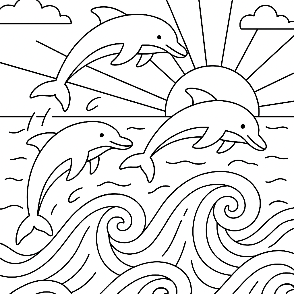 Dolphins leaping through ocean waves at sunrise - Free Coloring Page