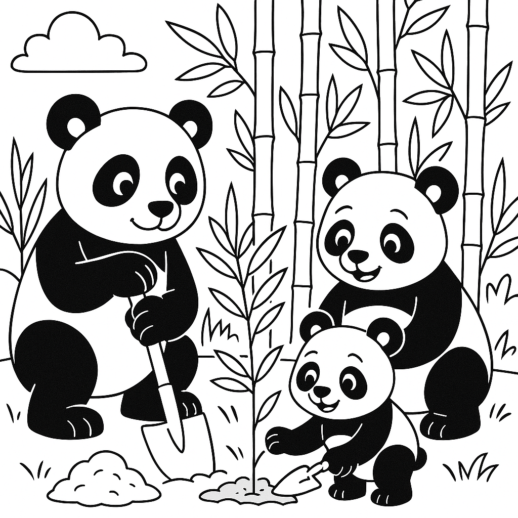 Panda family planting bamboo in a grove - Free Coloring Page