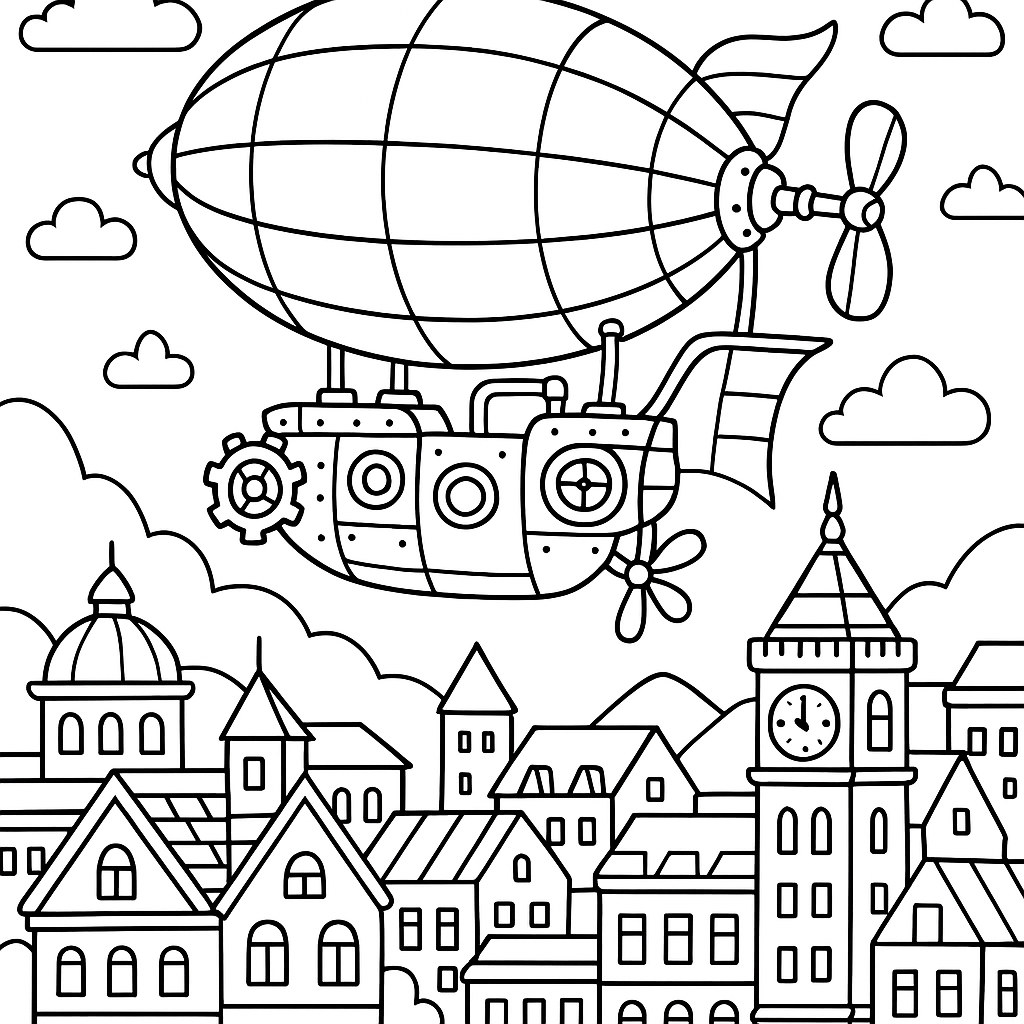 Steampunk airship flying over a bustling city - Free Coloring Page