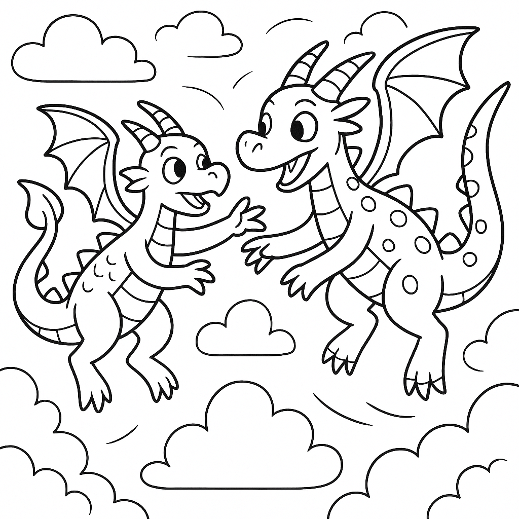 Dragons playing a game of sky tag - Free Coloring Page