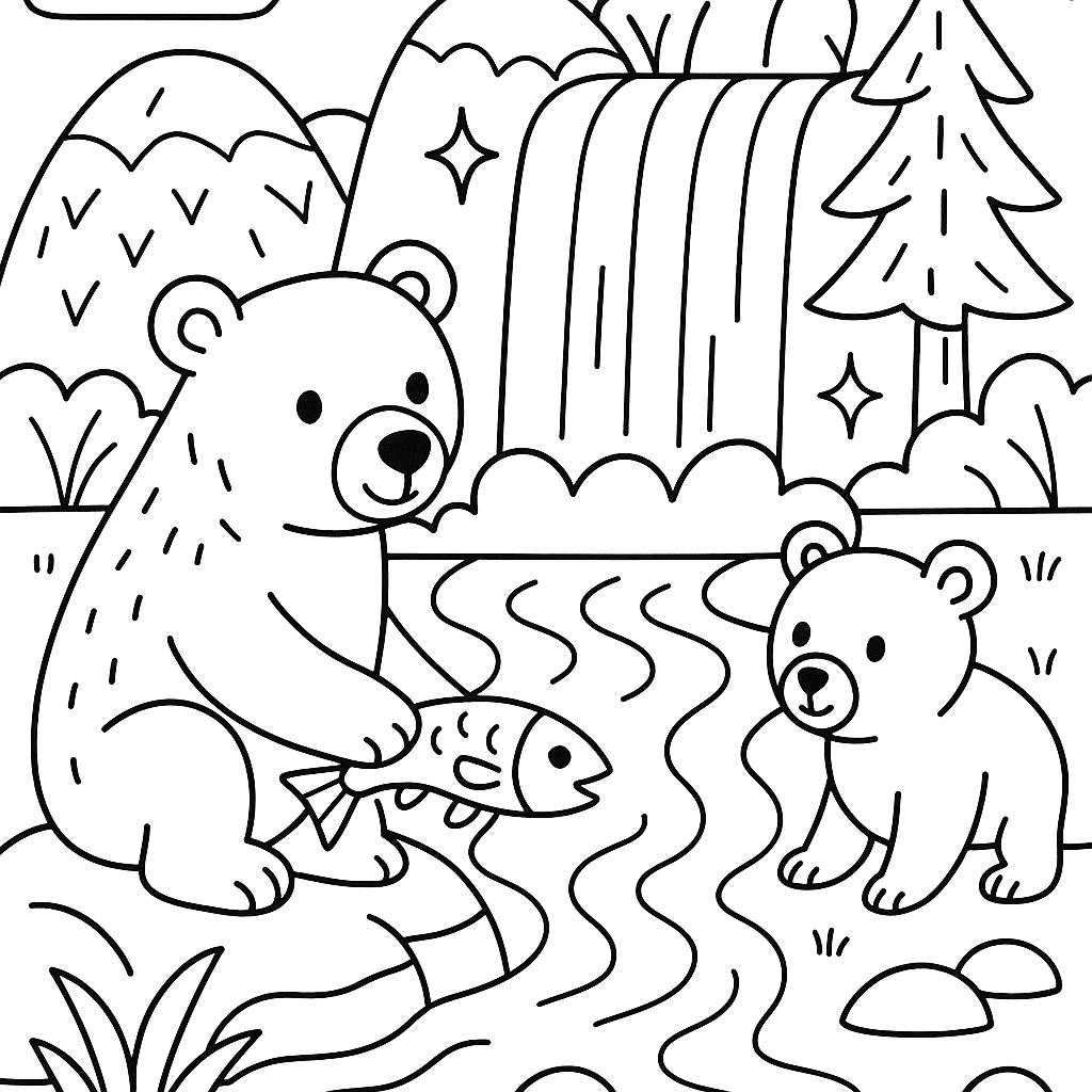 Bears fishing by a sparkling waterfall - Free Coloring Page